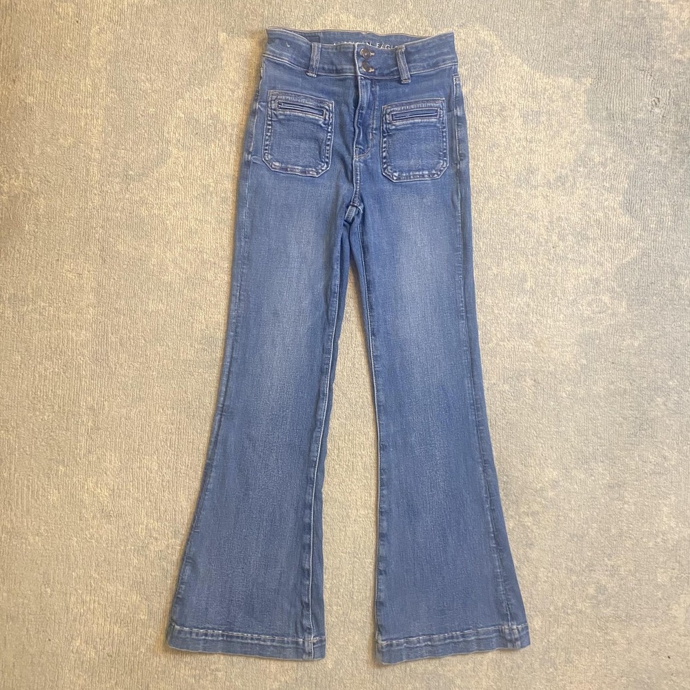 American Eagle Super Hi-Rise Flare Jeans Womens 2 Blue Medium Wash Stretch Denim